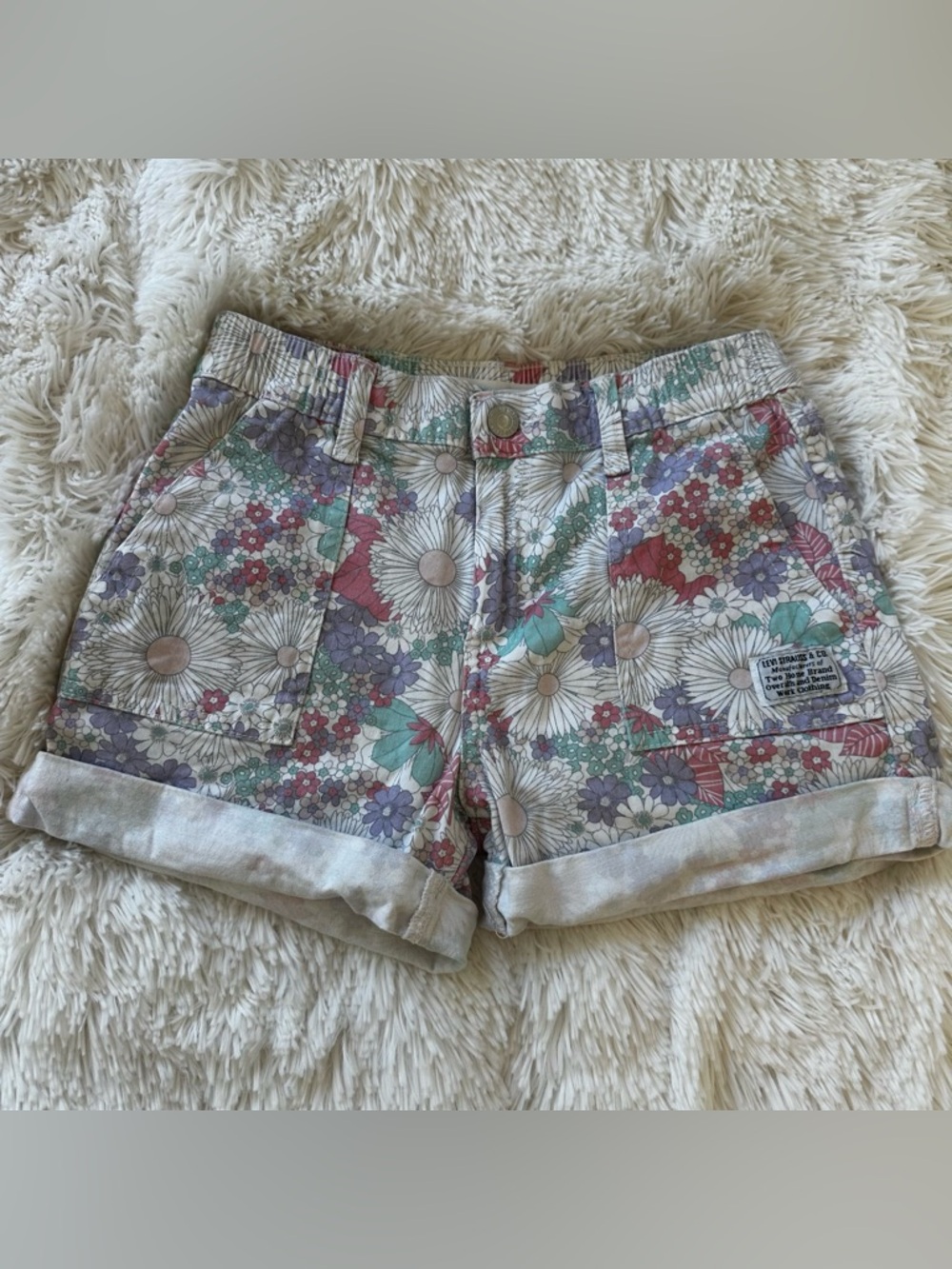 LEVI’S Floral Print Denim Shorts Purple Pink Green Cuffed Girls Size 10 Cotton